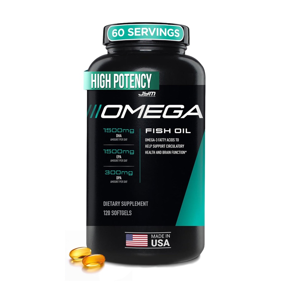 JYM Supplement Science Omega JYM Fish Oil 2800mg, High Potency Omega 3, EPA, DHA, DPA per cervello, cuore, & Joint Support 120 Soft Gel
