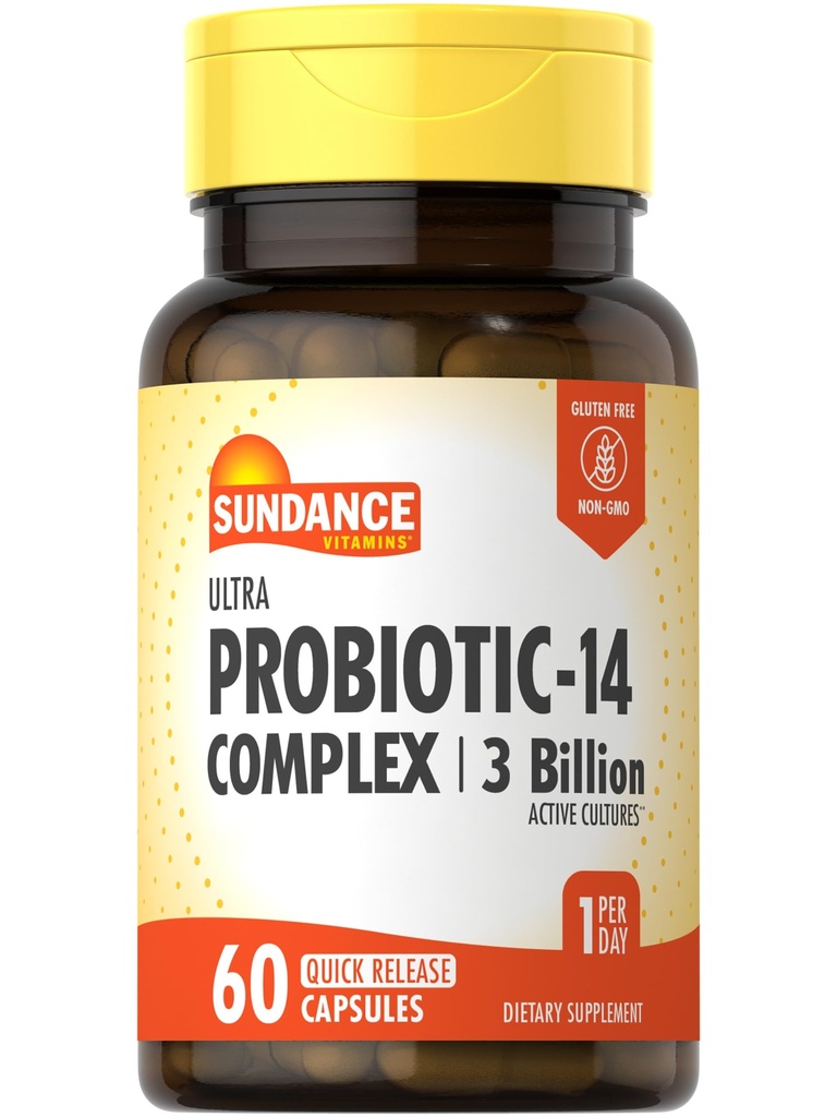 Sundance Probiotic-14 Complex | 3 miliardi di culture attive | 60 capsule | Non OGM e Gluten Supplemento gratuito