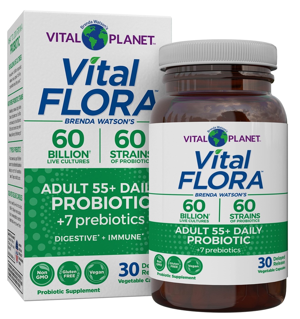 Vital Planet - Vital Flora Adulti Oltre 50 Probiotici giornalieri 60 miliardi di CFU, 60 Strains Diverse, 7 Prebiotici Organici, Supporto Immune, Gas, Probiotici Sani Digestivi per Donne e Uomini, 30 Capsule