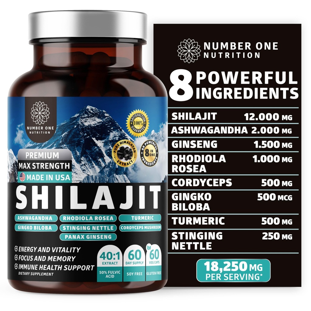 Pure Himalayan Shilajit per le donne e gli uomini [50% acido Fulvic] Meglio che la resina con Ashwagandha, Ginseng, Turmeric, Gingko Biloba, Sting Nettle, Cordyceps per sostenere l'energia e l'immunità, 60Caps