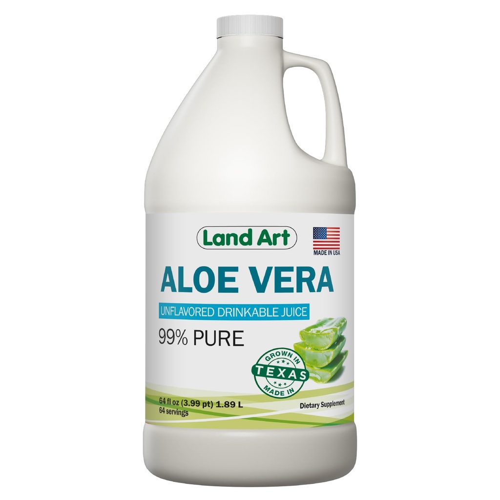 Land Art - Pure Aloe Vera Juice non aromatizzato – Cold-Processed - 99,7% Organic Aloe Vera Inner Fillet from Fresh Texas Leaves – Digestive Health, Detox and Natural Wellness – 64 fl oz