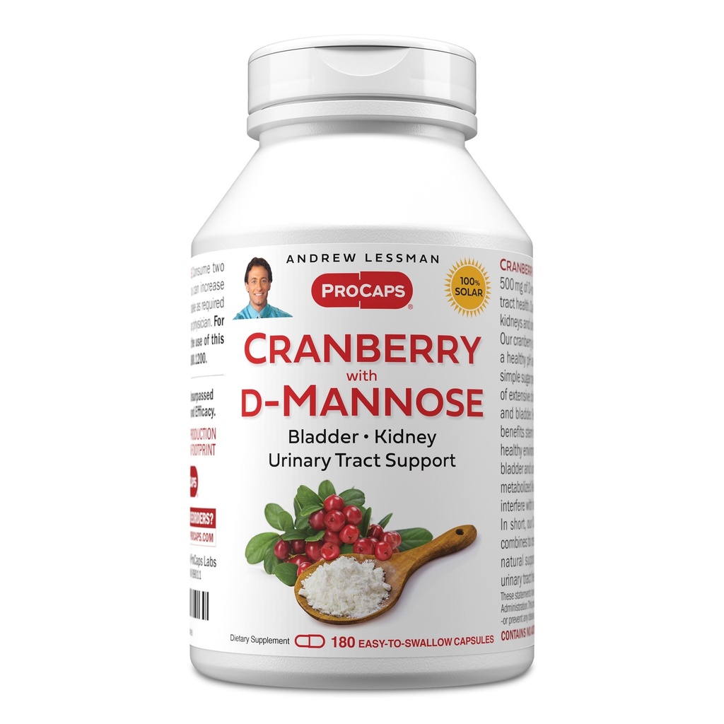 ANDREW LESSMAN Cranberry con D-Mannose - 180 capsule - Supporta la vescica, il rene e la salute del tratto urinario. Concentrato di mirtillo standardizzato ad alta potenza e D-Mannose. Facile da ingoiare capsule