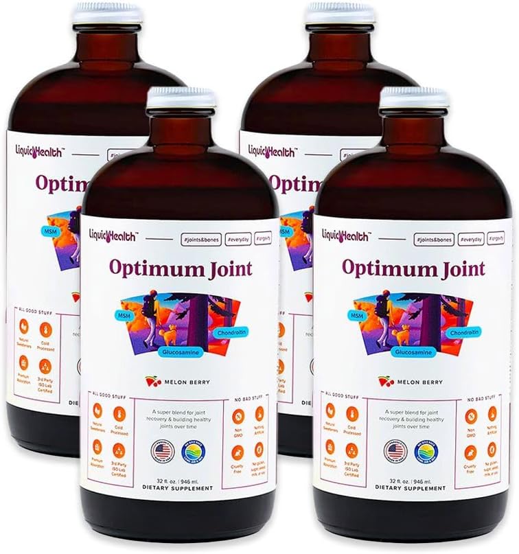 LIQUIDHEALTH Optimum Joint Support Liquid Multivitamin with Glucosamine, Chondroitin, MSM, Acido Ialuronico - Aumenta la mobilità, Comfort congiunto, per Runners & Athletes - Made in USA, Vegan (4 Pack)