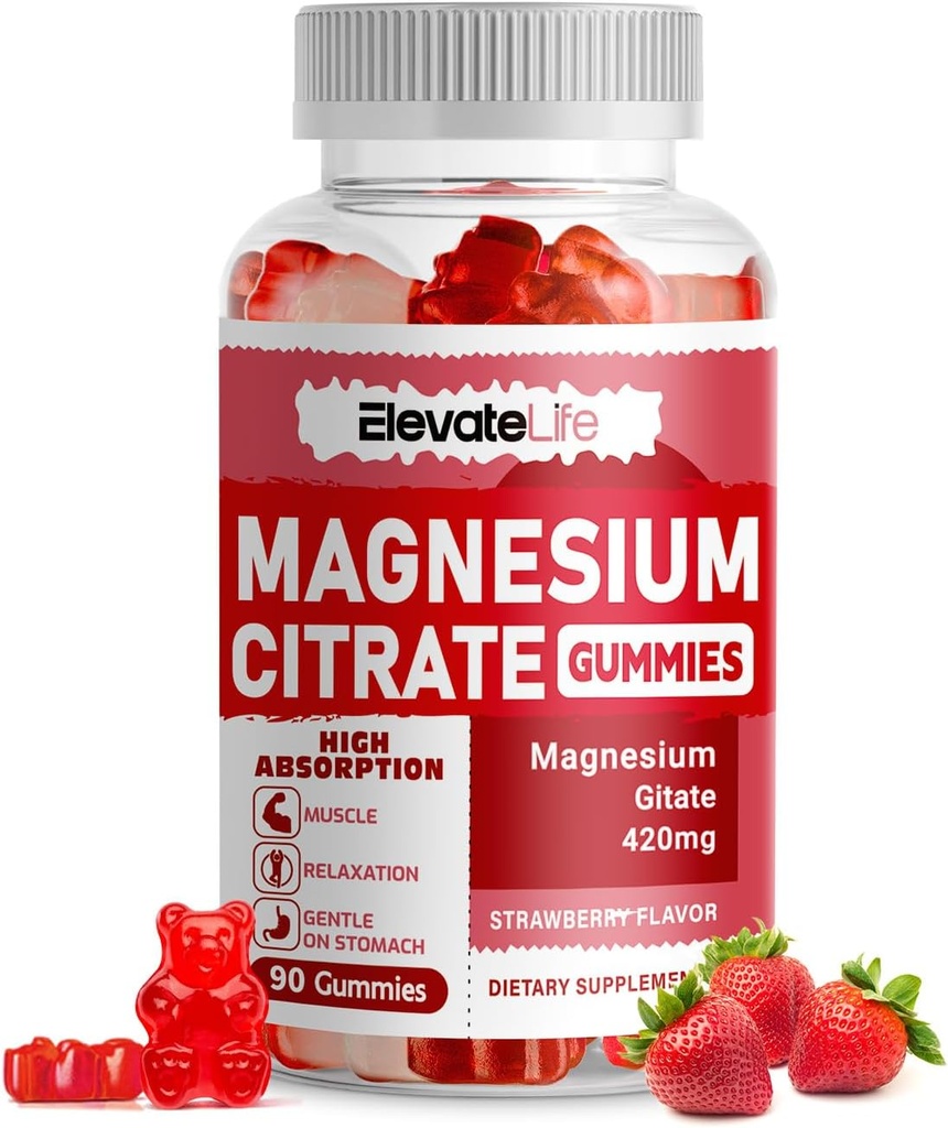 Magnesio Glycinate Gummies 1000mg - Zucchero Gratuito Magnesio Potassio Supplemento con Vitamina D, B6, CoQ10 per Calma Mood & Sleep Support - 60 Gummie di Fragola
