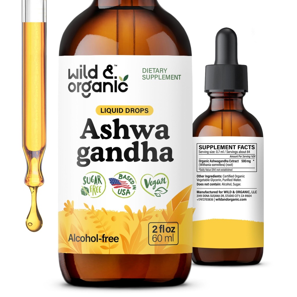 Wild & Organic Ashwagandha Gocce liquide - Estratto di radice di Ashwagandha calmante per il relax - Alimentazione 1-Month - Integratori di erbe per le donne e gli uomini - Vegan, Tintura senza zucchero e alcol - 2 fl oz