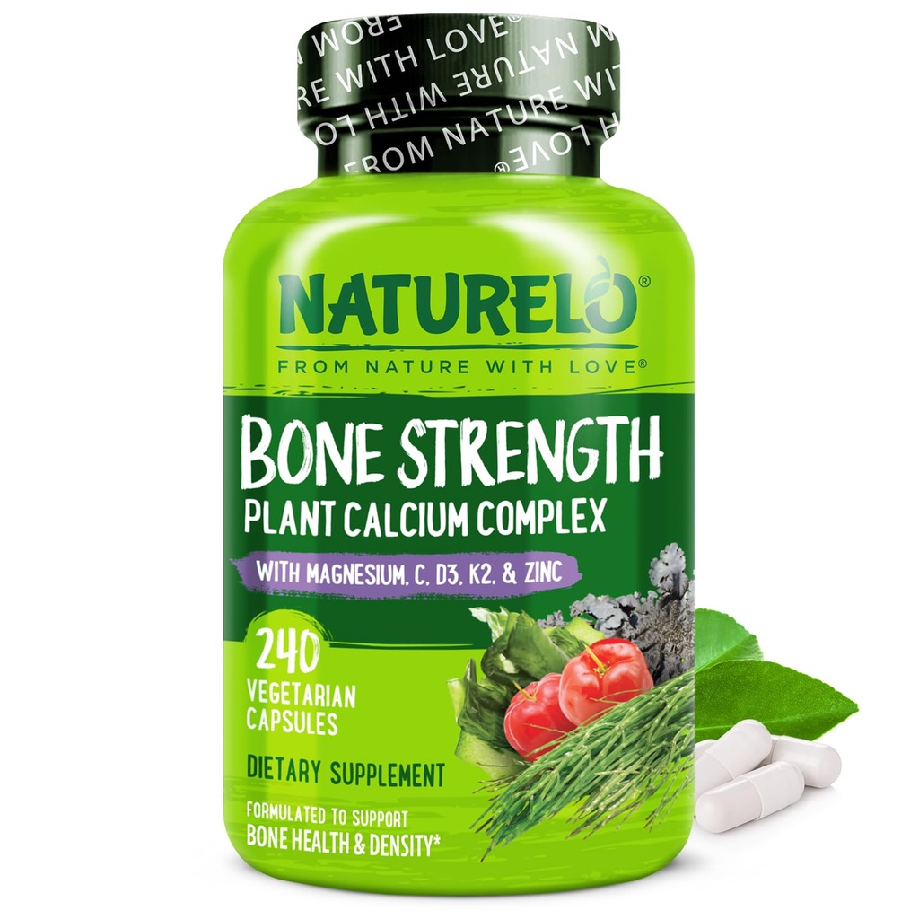 NATURELO Calcium Supplemento - con Vitamina C, Vitamina D3, K2, e Calcium Magnesium Zinco per Bone Forza con Calcium 600mg - Plant-Based, 240 Capsule Vegetariani, Non OGM, Soia & Gluten-Free