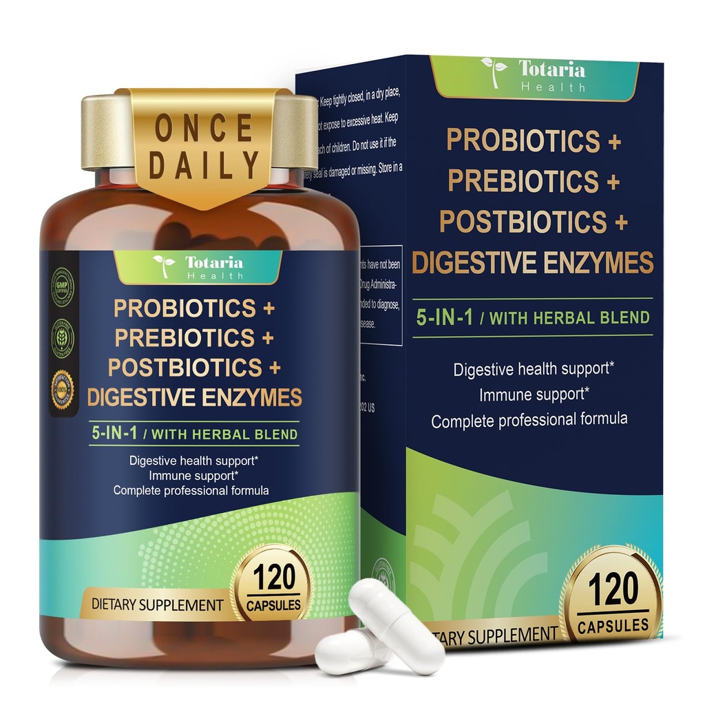 Totaria 5-in-1 60 miliardi di CFU Probiotici e Postbiotici per le donne e gli uomini, w / enzimi digestivi, Slippery Elm, Daily Complete Gut Health, Digestive & Immune Support, 4 mesi di fornitura, Vegan