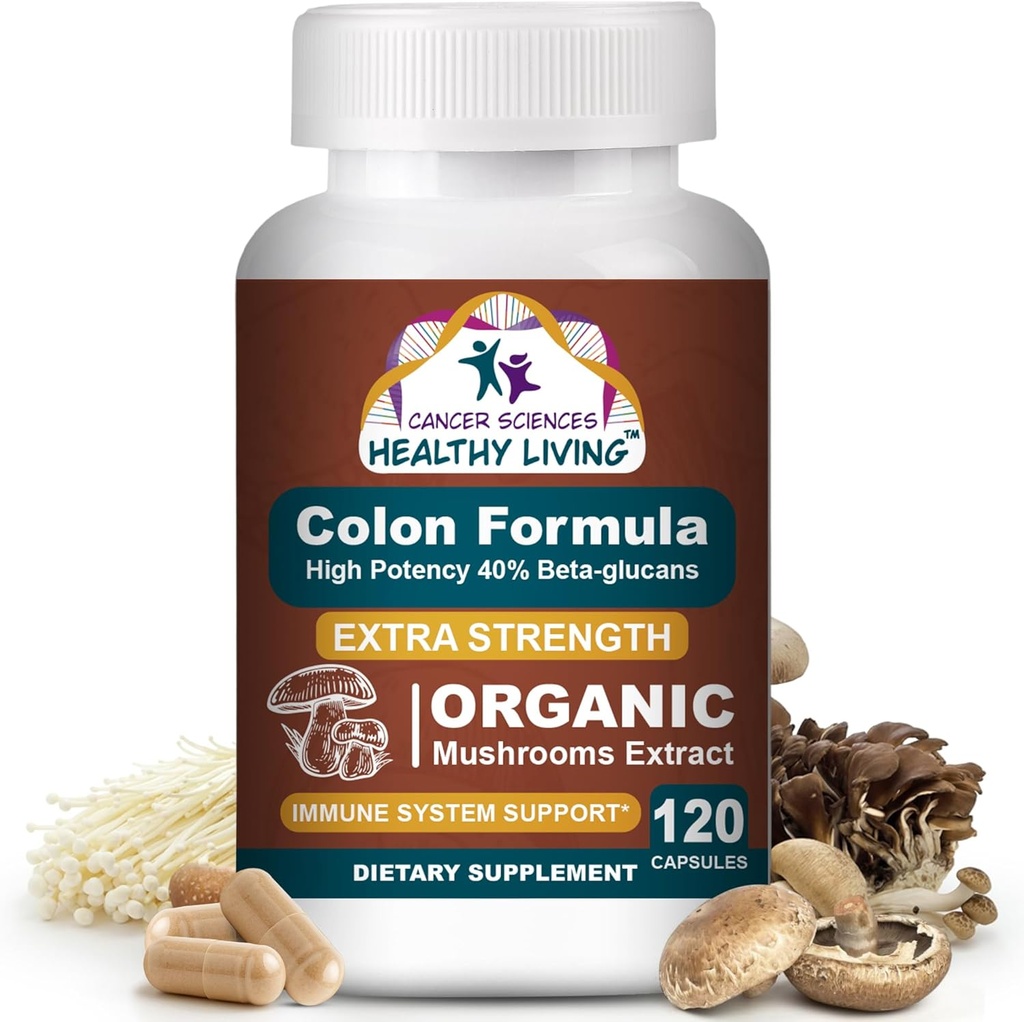 Integratore di benessere del colon, Estratto di funghi organici certificati USDA, Forza extra 1.500 mg, Alta potenza 40% Beta-Glucani, Immune, Gut & Digestive, Pulite del colon & Detox, 120 caps