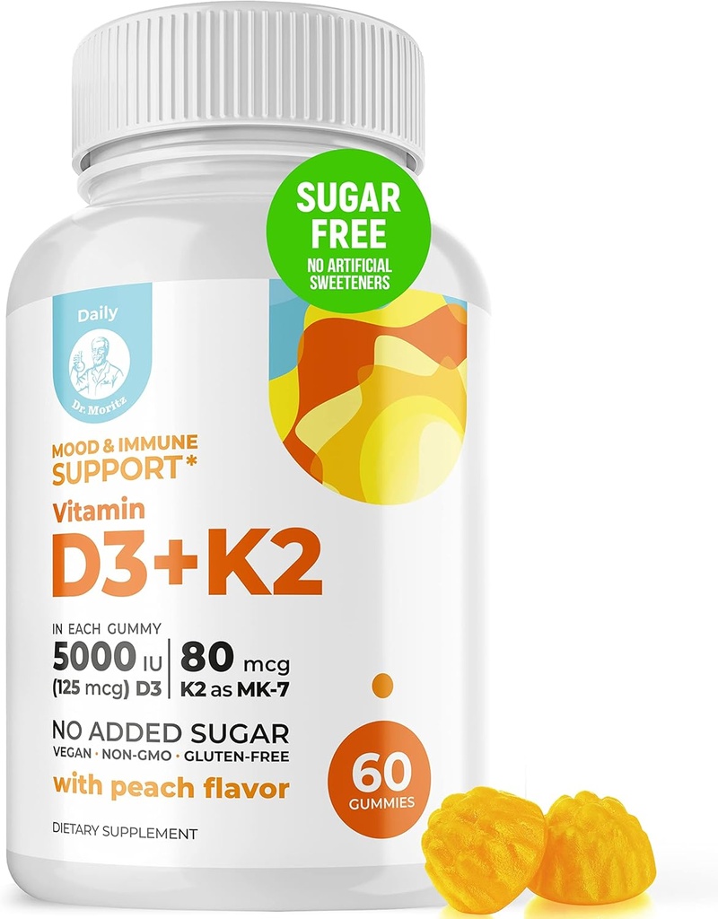 DR. MORITZ Vitamina D3 Gummies (5000 UI) con K2 - per adulti e bambini - Vitamina D3 K2 Gummies per il supporto immunitario & Bone Salute - Vegan, Sugar Free, Gluten Free (60 Conteggio)