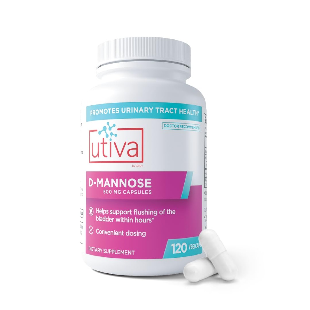 Szio+ Utiva D-Mannose 500mg Capsule – naturalmente Flush La vescica e il tratto urinario – UTI Evitazione – D Integratori di mannosio per le donne – Supporta trattamenti di infezione del tratto urinario, 120 Capsule