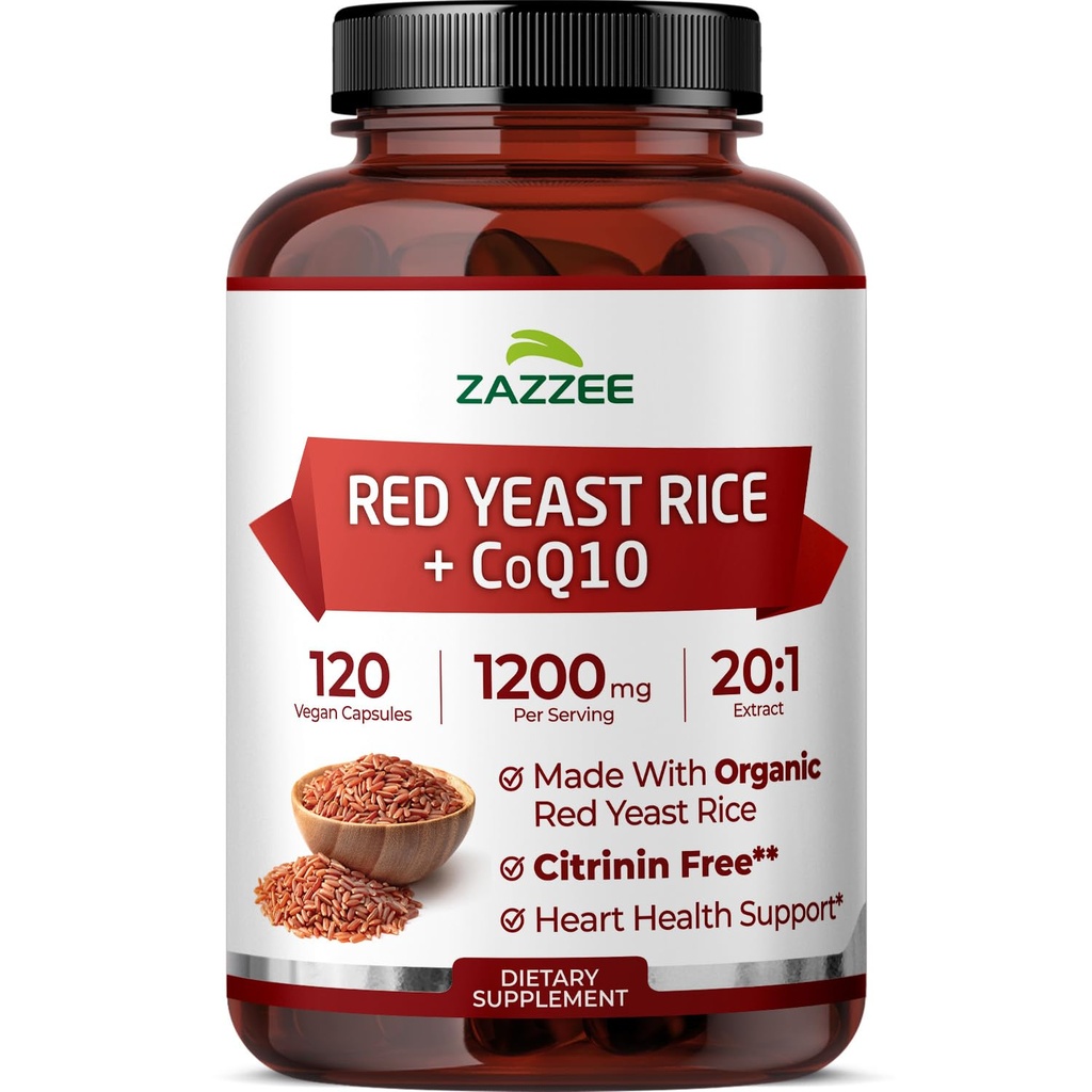 Riso di lievito rosso ad alta resistenza con CoQ10 - 20X Concentrato 1200mg Supplemento di riso rosso lievito con Niacin CoQ 10 e BioPerine per assorbimento potenziato - Non-GMO Vegan & ISO Lab Tested (75 Serve)
