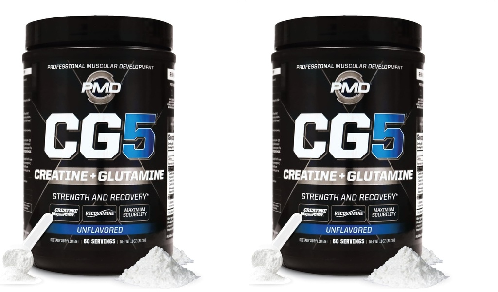 PMD Sports CG5 Premium Creatine & L Glutamine Polvere, Power Recovery, costruire il muscolo magro, aumentare le prestazioni di allenamento, massima resistenza pre allenamento e post allenamento, non aromaed, 60 Serve (pacchetto di 2)