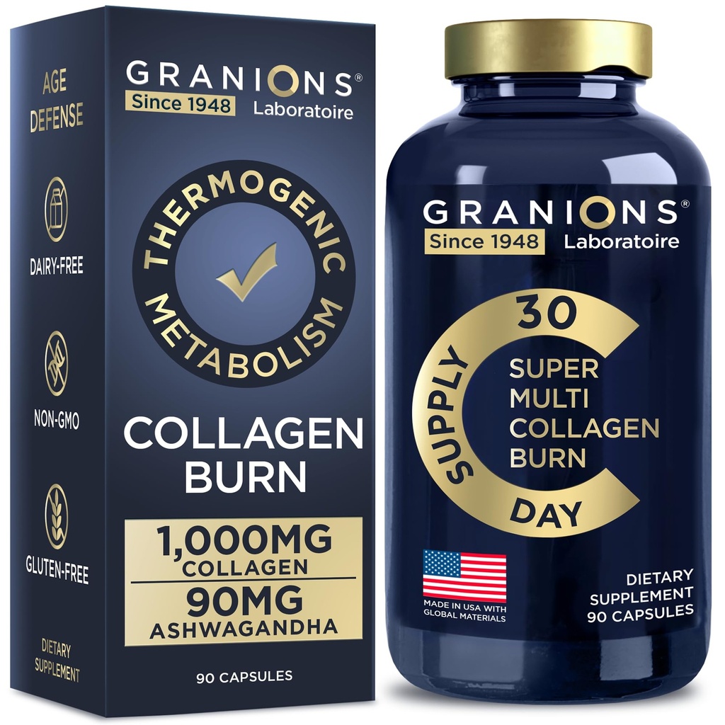 Granions Termogenico idrolizzato Collagen Burn - Acido ialuronico, Vitamina C - Cellulite Defense e Dermal Repair Multi Collagen Peptides capsule per le donne e gli uomini - 90 pillole