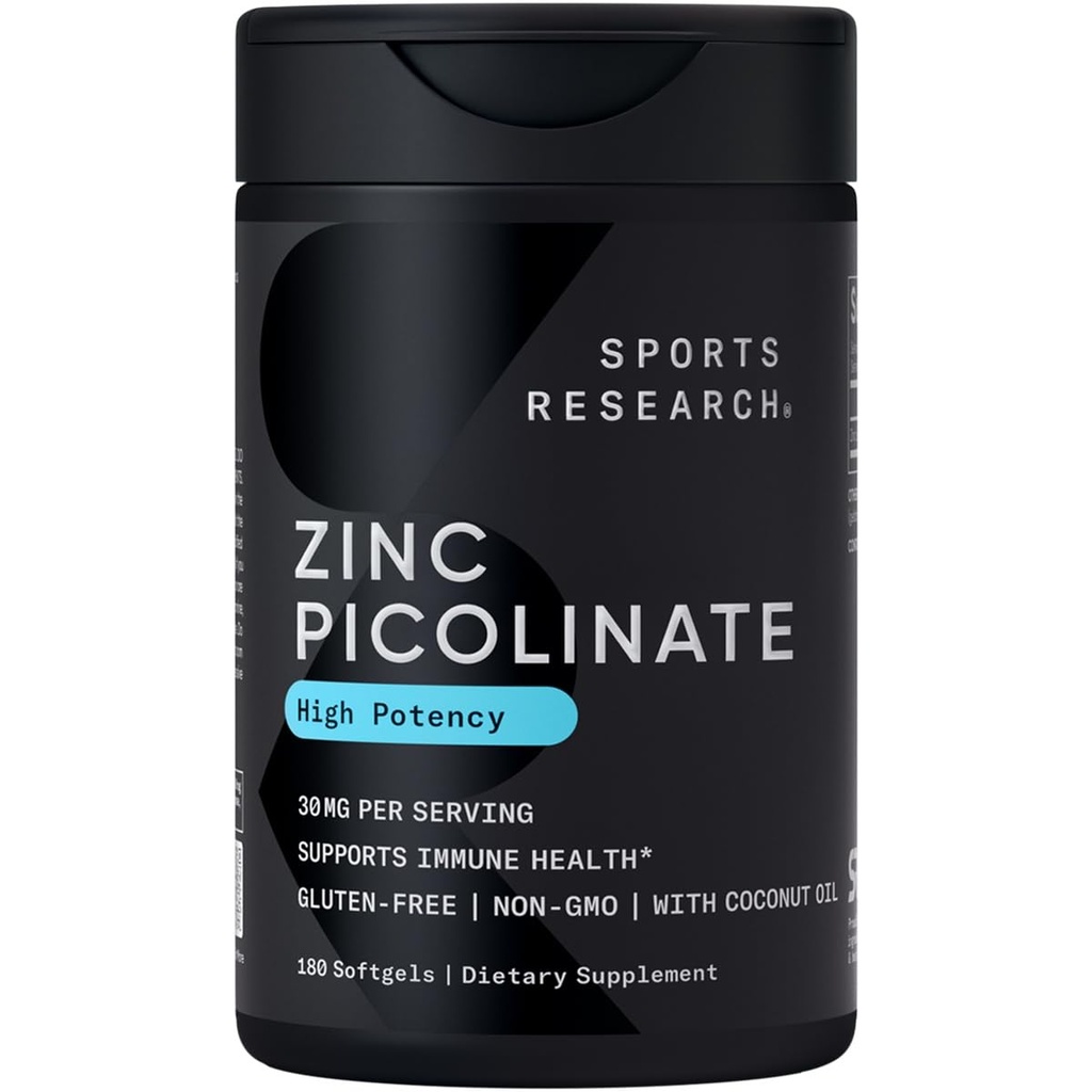 Picolinato di zinco ad alta potenza di ricerca sportiva 30mg con olio di cocco biologico | Supplemento di zinco altamente assorbibile per la funzione sana di immune e di enzima - Testato non OGM & senza glutine (180 Liquid Softgels)