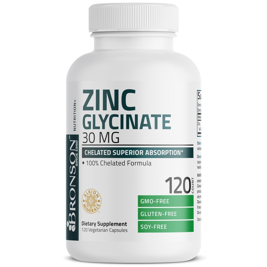 Bronson Zinc Glycinate 30mg Chelated Superior Absorption 100% Chelated Formula Non-GMO, 120 capsule vegetariane