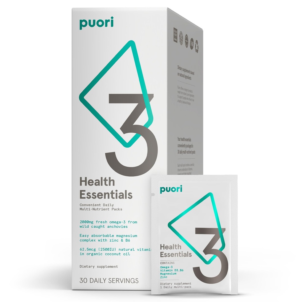 Puori P3 Health Essentials - Multivitaminici per Uomini e Donne - 30 Serve - Omega 3, Vitamina D, Magnesio, Zinco - Multi-Nutriente per Cervi ed Energia