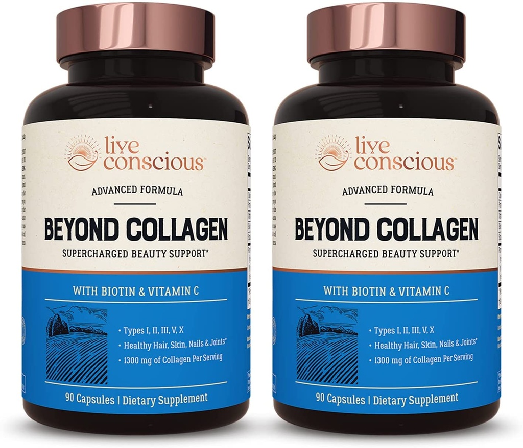 Capsule Multi Collagen Conscious Beyond Collagen - Tipi I, II, III, V & X | Miscela idrolizzata con Biotin & Vitamina C per Capelli, Pelle, Chiodi 90 Capsule (2-Pack)