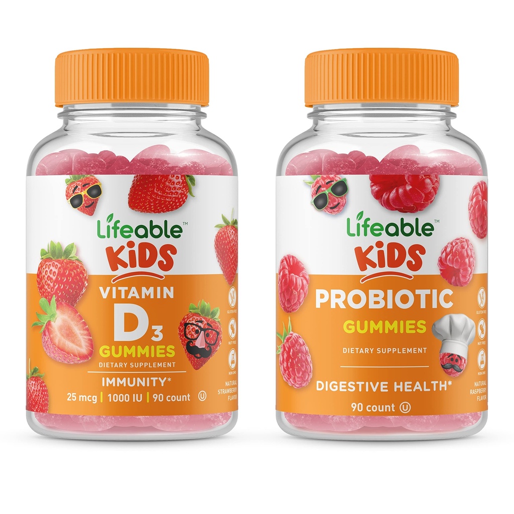 Probiotico Lifeable 2 miliardi di CFU Bambini + Vitamina D Bambini, Gummies Bundle - Grande degustazione, Supplemento di vitamina, Senza glutine, OGM libero, pancia masticabile
