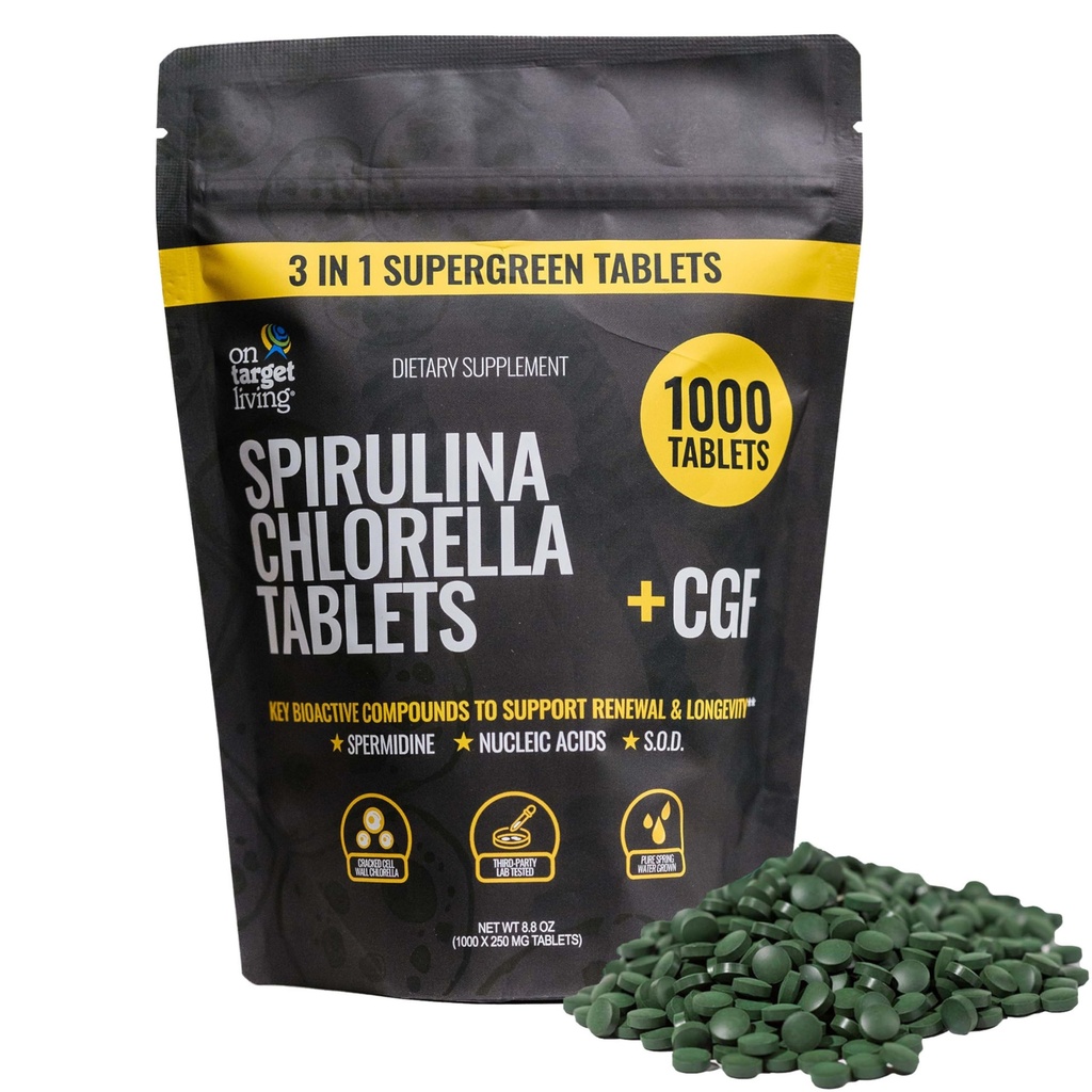 Su Target Living Spirulina Chlorella + CGF | 1000 compresse Supergreen | Vegan | Supporto immunitario | Alto in proteine | Alkalyzing | Nutrient Dense | Energy | Recovery