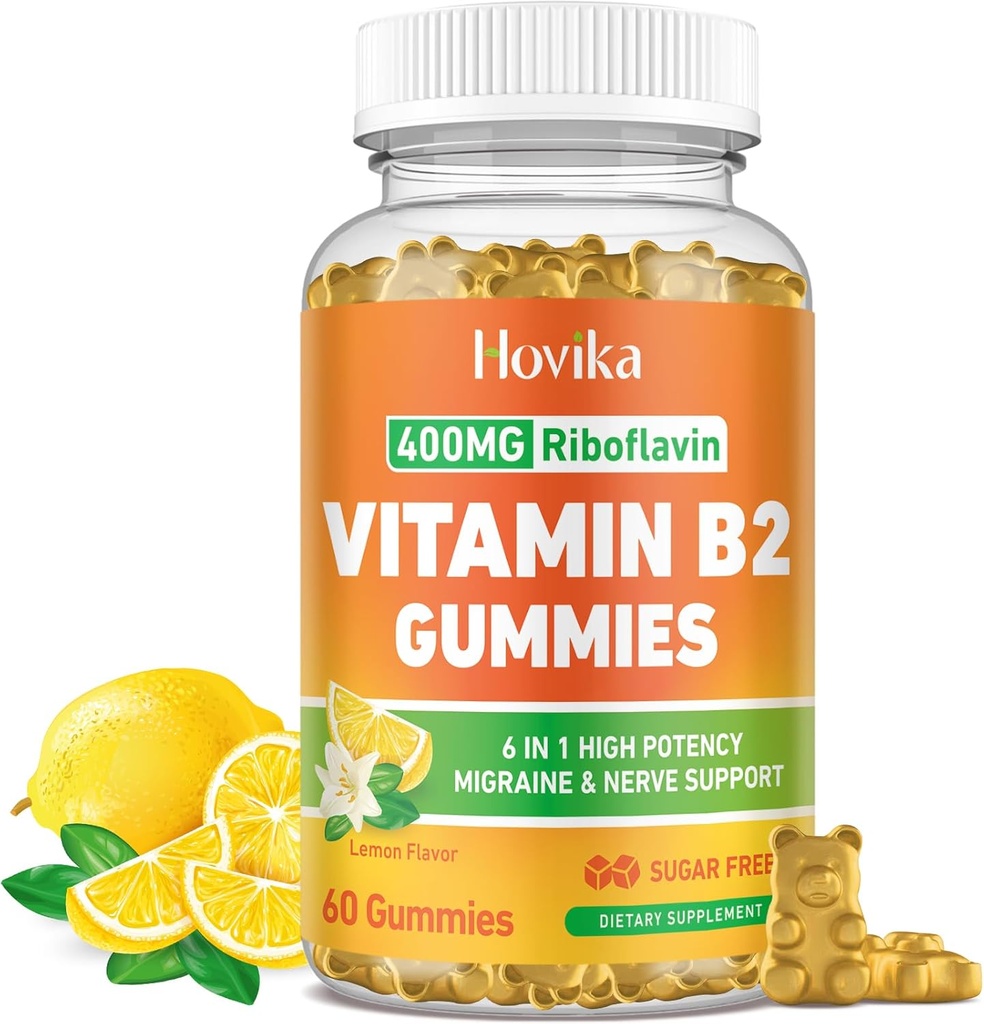 Vitamina B2 Gummies Riboflavin 400mg Supplemento per gli uomini e le donne - Magnesio puro, Ashwagandha, CoQ10, Omega 3, Vitamina B12 - Migraine Relief & Energy, Supporto di sistema nervoso - Sugar Free, 60 Count