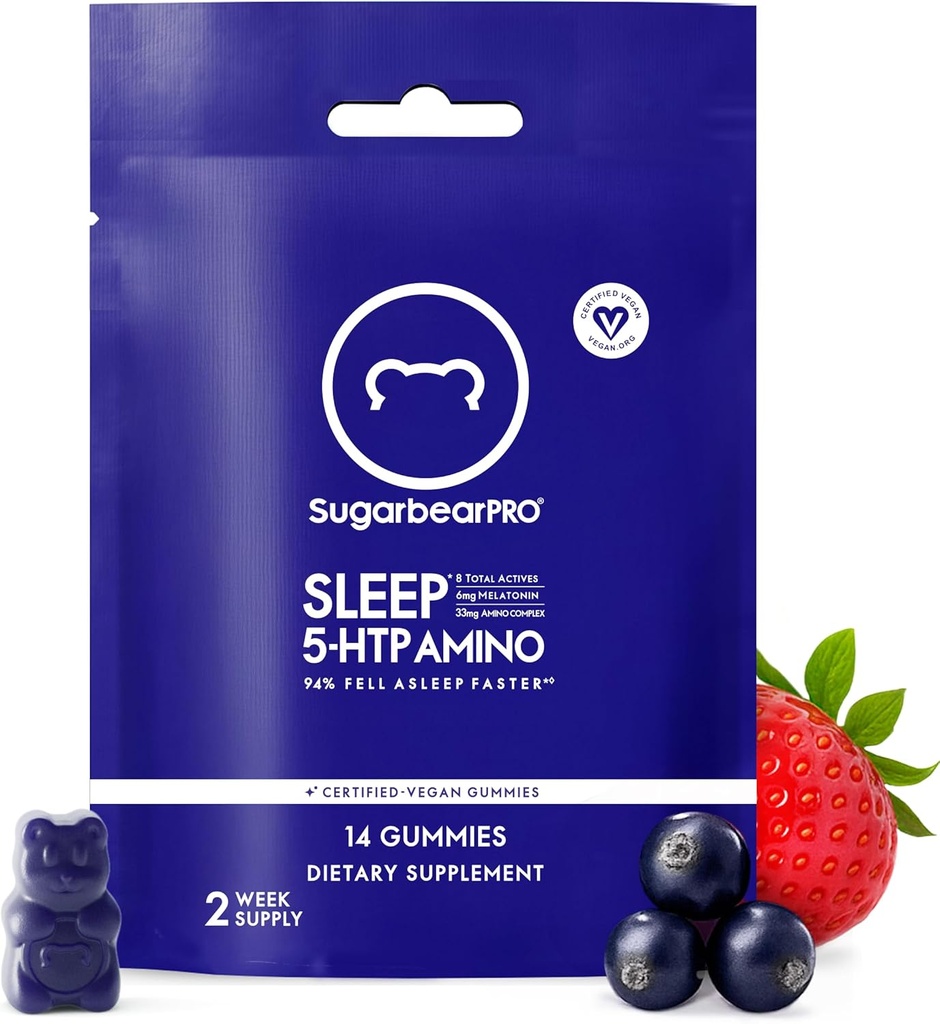SugarBearPro Sleep Gummy 14 giorni di alimentazione, Melatonina ad alta resistenza 6mg, per gli uomini e le donne, Vegan vitamina B6, L-teanina, 5 HTP, Valerian, Sleep Aid for Adults & Teens, Certificato Kosher