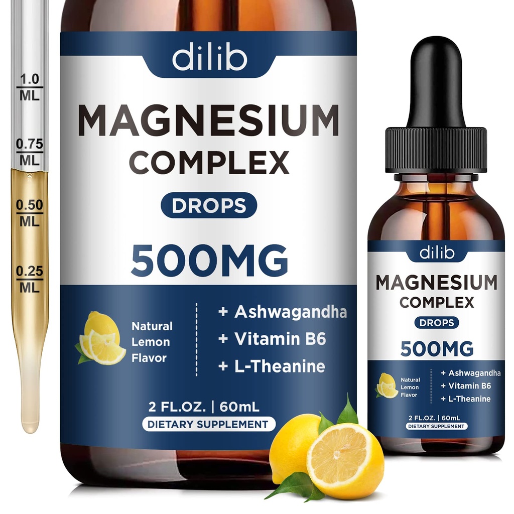 Magnesio Glycinate Gocce Liquide, Triplo Magnesio Complesso Supplemento con Citrato, Malate 500mg Ashwagandha, L-teanina, Vitamina B6 per il sonno, Calma, Stress Relief, Bone, Muscolo, Mood - Limone Flavor