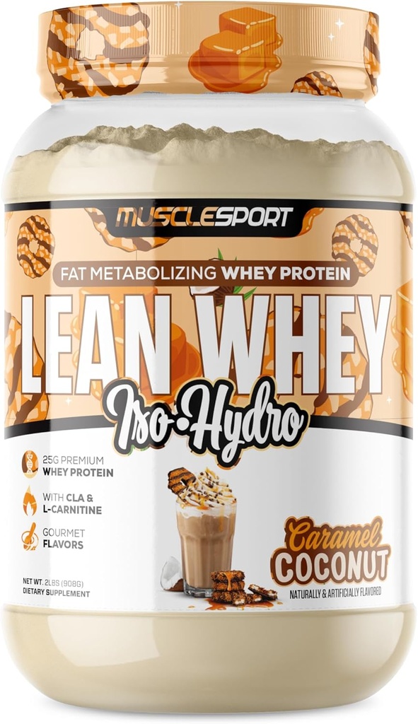 Musclesport Lean Whey RevolutionTM Protein Powder - Whey Protein Isolate - Calorie basse, Carbo basso, Basso Grasso, Sapori incredibili - 25g Protein per Scoop (2LB, Caramel di cocco)