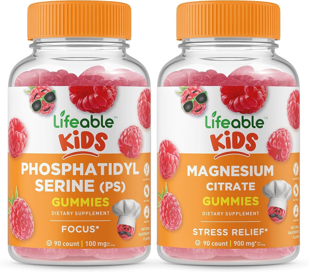 Phosphatidylserine vitale (PS) Bambini + Magnesio Bambini, Gummies Bundle - Grande degustazione, Supplemento di vitamina, Senza glutine, OGM libero, pancia masticabile