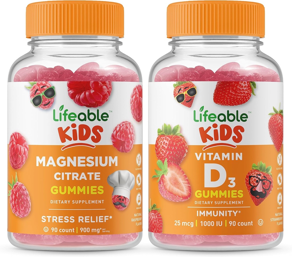 Bambini di Magnesio vitali + Vitamina D Bambini, Gummies Bundle - Grande degustazione, Supplemento di vitamina, Senza glutine, OGM libero, pancia masticabile