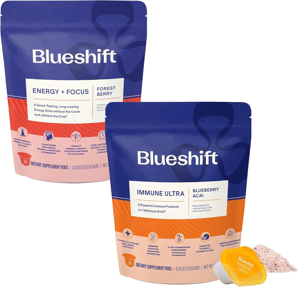 Blueshift Energy + Focus & Immune Ultra Bundle - Energy Drink Pods, Immune Support Powder, Drink Mixs for Energy & Immune Defense, Vitamin Supplement - Energy+Focus (14 Pack) & Immune Ultra (14 Pack)