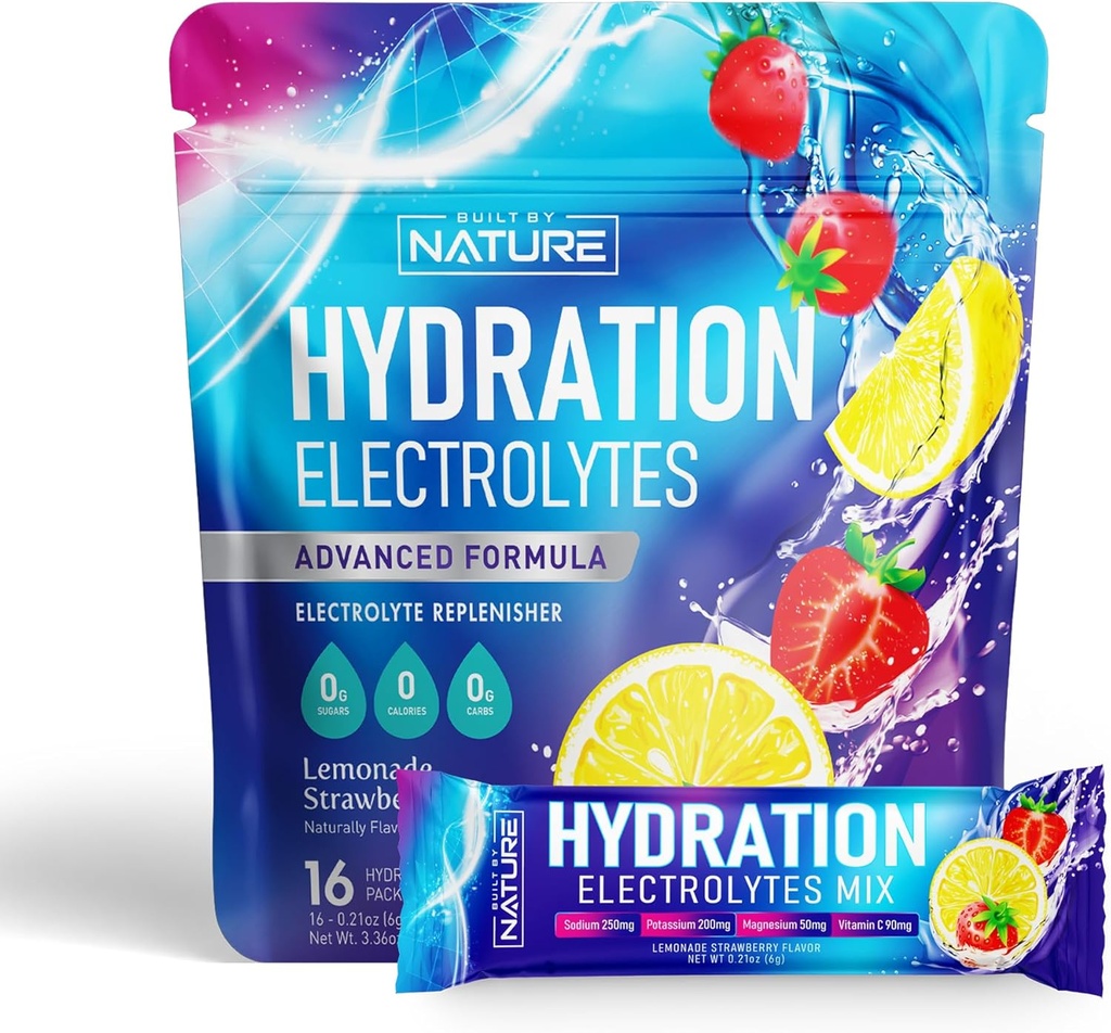 Electrolytes Powder Hydration Packets – Recovery Drink Mix with Sodium, Potassium, Magnesium, Calcium, Vitamina C & Zinc – Sugar Free, Keto, Non GMO & Vegan – Strawberry Lemonade – 16 Sticks