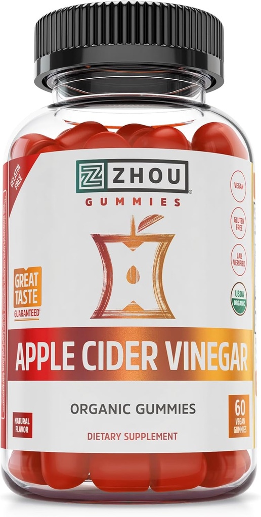 Zhou Aceto di sidro di mele Gummies - ACV Gummies per le donne e gli uomini con il mirtillo, Gusto delizioso con canna cruda zucchero, USDA Organic - 60 Vegan Gummies