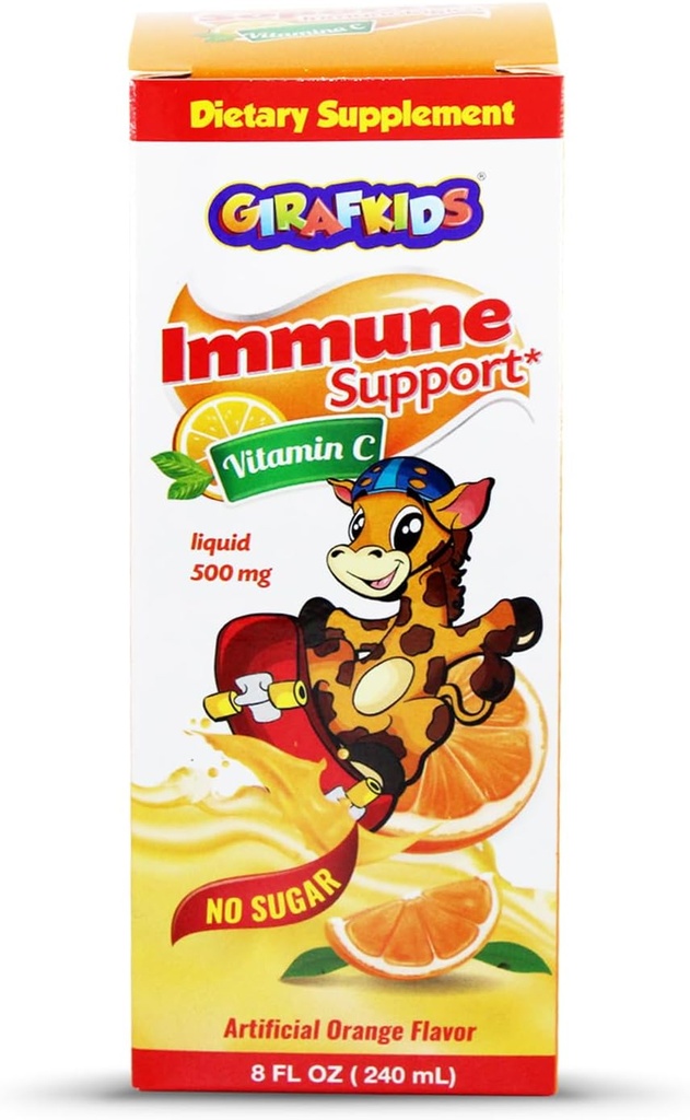 GirafKids Liquid Vitamina C per bambini Età 4+ | 8 Fl Oz, 500mg | Formula No-Sugar con ingredienti sicuri e premium | Delicious Orange Flavor | Supporto immunitario & Energy Boost