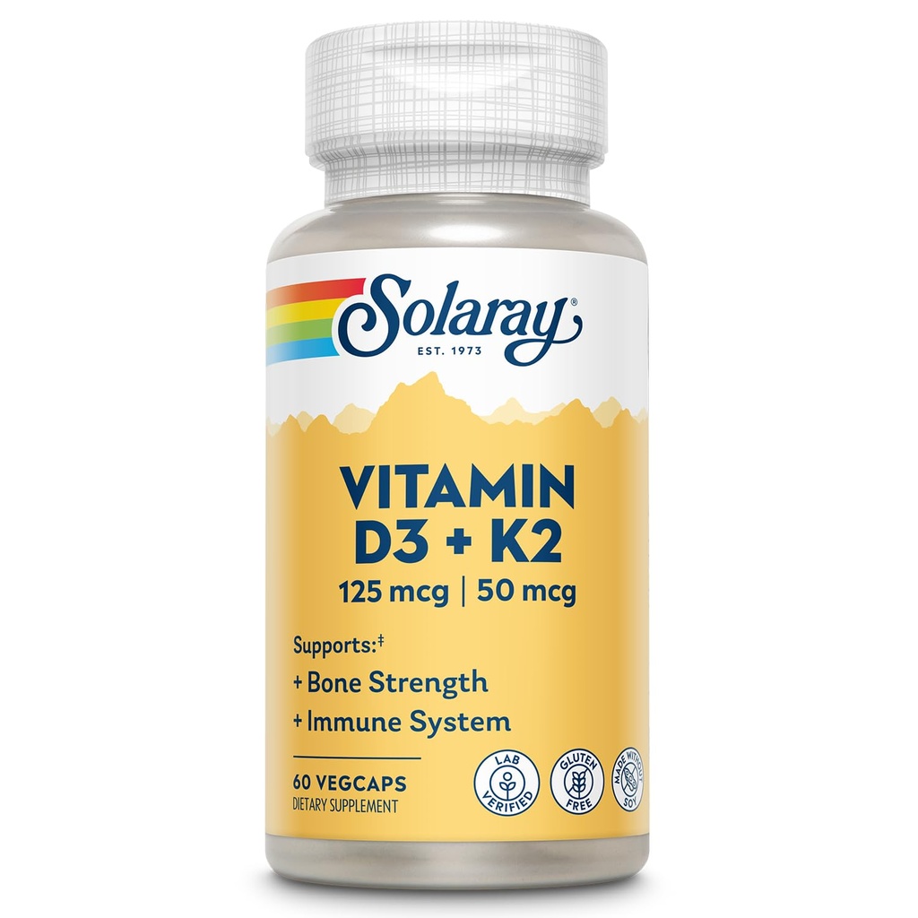 SOLARAY Vitamin D3 K2 - Integratore per la salute e il supporto immunitario - con 5000 IU Vitamin D come VIT D3 e 50 mcg Vitamina K2 come Menoquinone MK7, Fatto Senza Soia, Garanzia di 60 giorni, 60 Serv, 60 VegCaps