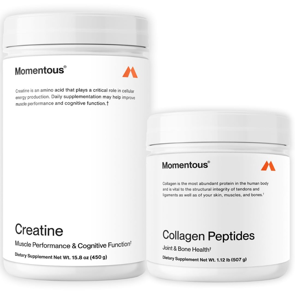 Momentous Creatine Monohydrate Powder & Grass-Fed Collagen Peptides Powder Stack - Supporta la resistenza, il muscolo magro, & Recovery - FORTIGEL & Vitamina C per capelli, pelle, unghie, & Joint Health Support