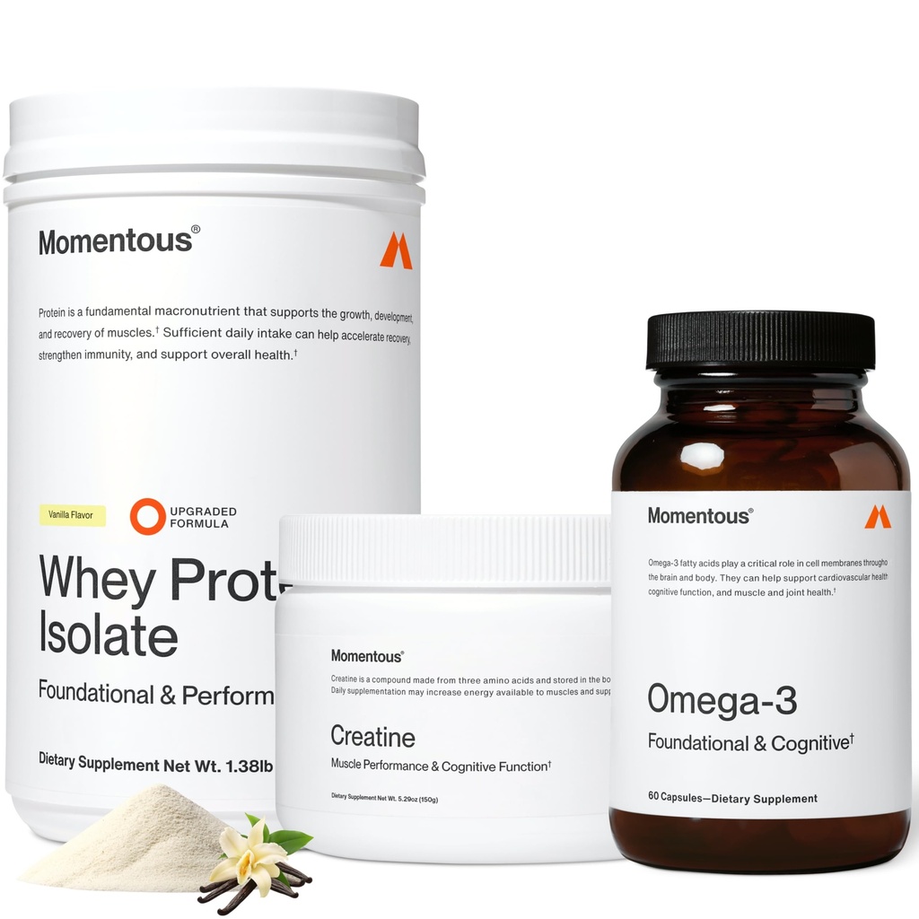 Momentous Tre - Polvere di Monoidrato di Creatina (30 Serve), Polvere di proteine del siero di erba-Fed (Vanilla) & Omega-3 Fish Oil 1600mg - Essentials giornalieri per la forza, le prestazioni e il recupero muscolare magra