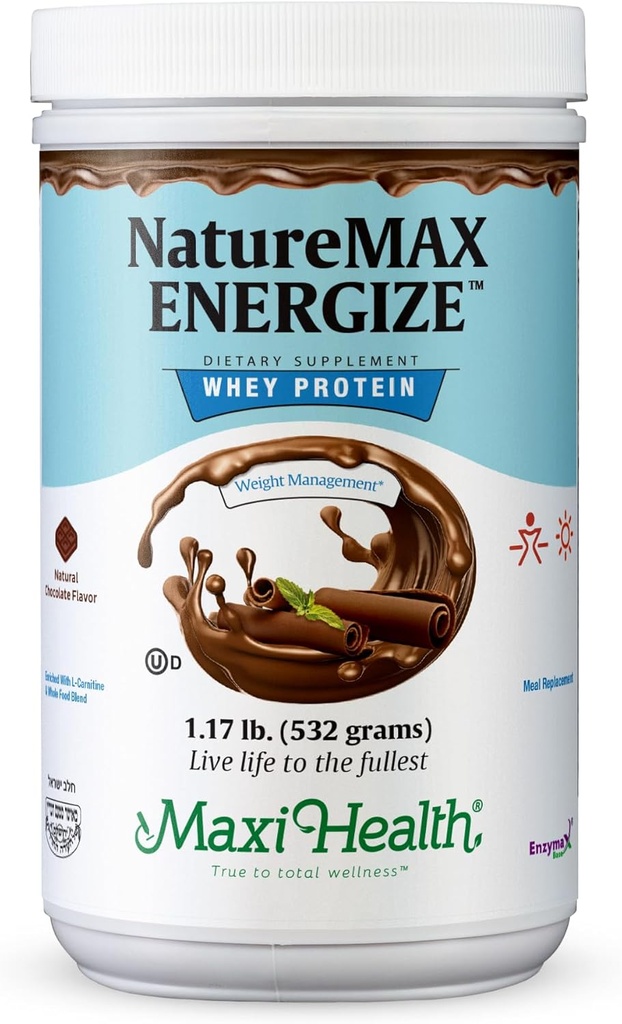 NatureMax EnergizeTM Whey Protein Powder- Energy Support Meal Sostituzione - 20g Protein Per Serving - Natural Chocolate Flavor - Kosher Dairy Vitamin - 1.17lb