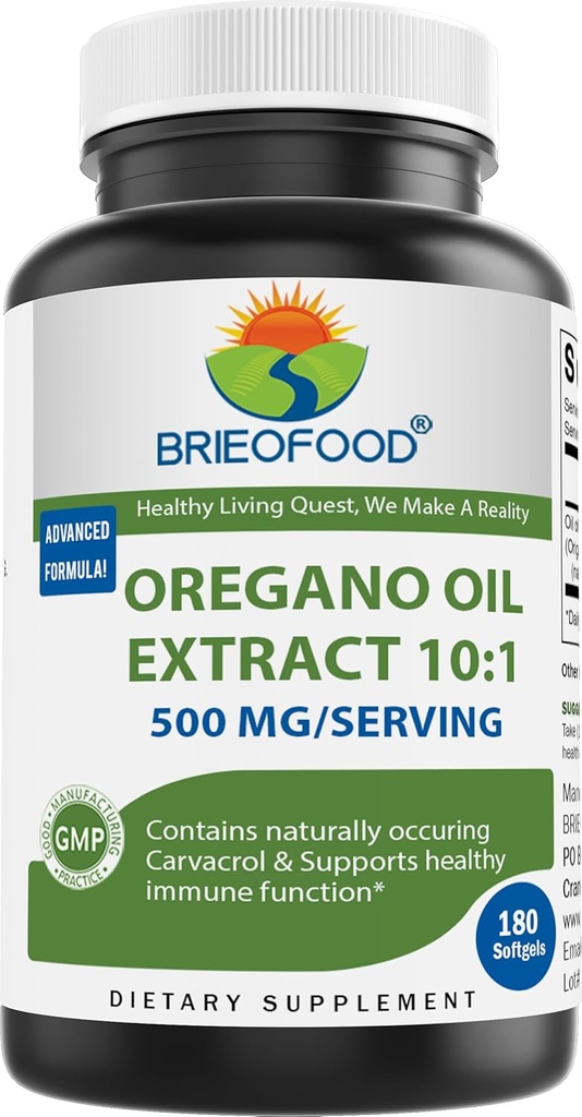 Olio d'Oregano di Brieofood 10:1 Estrarre 500 mg per porzione - Contiene Carvacrol naturale - Funzione immunitario sana - 180 Softgels