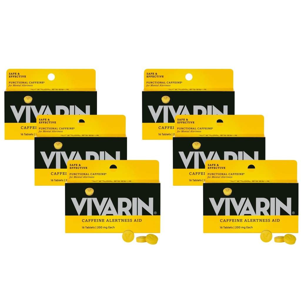 Vivarin, Pillole di caffeina, 200 mg di caffeina per dosaggio, in modo sicuro ed efficace aiuta a rimanere sveglia, senza zucchero, calorie o ingredienti nascosti, supplemento di energia, 16 compresse (6 pacchetto)