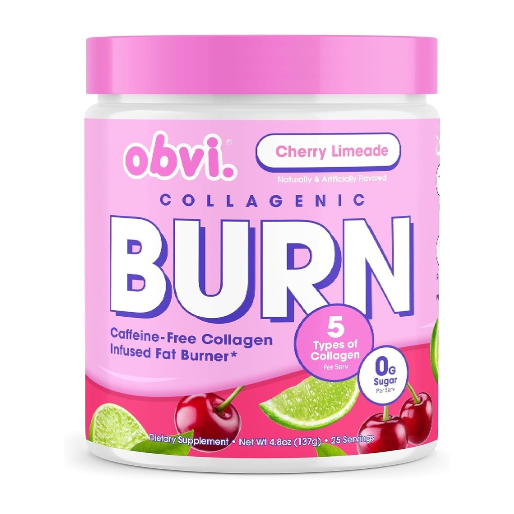 Obvi Collagenic Burn Powder | Collagen Peptide Blend con GBB, Ashwagandha & Green Coffee | Migliora il metabolismo, l'energia e il benessere | Supporta pelle, capelli, unghie, giunti | Cherry Limeade 25 Servings