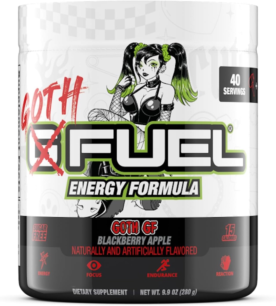 G Fuel Goth GF Energy Drink Powder, Pre Workout Caffeine Powder, Energy Powder Drink Mix for Gaming, Sugar Free Focus Amino, Vitamin + Antiossidanti, 9.9oz (Blackberry Apple, 40 Servings)