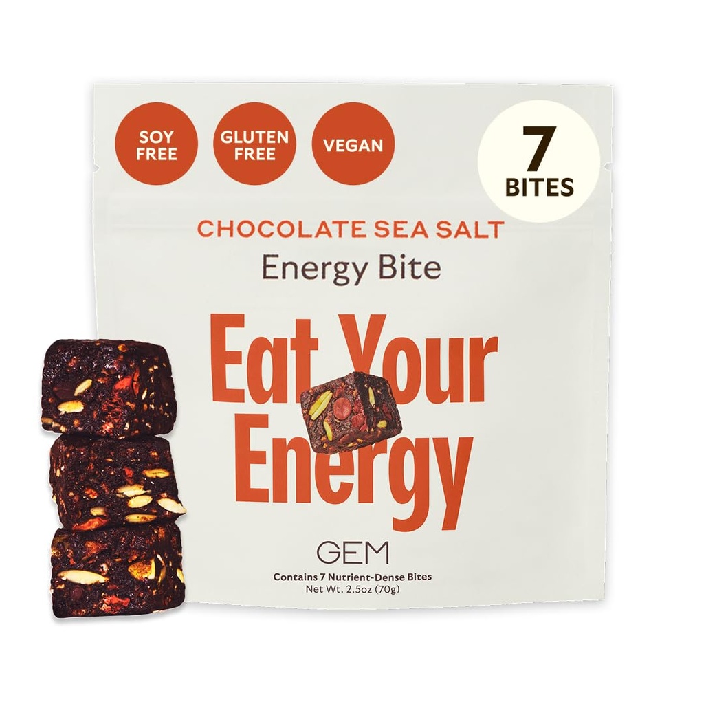 GEM Energy Caffeinated Bite | Energia olistica sostenuta | Supporta Metabolismo, Stamina & Endurance | 40 mg di caffeina, Ginseng Root, L-teanina | Chocolate Cacao Sea Salt | 7 Servings