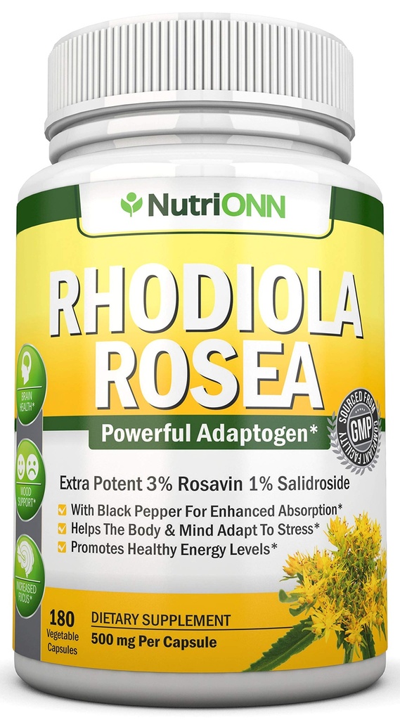 Rhodiola Rosea - 500mg - 180 Vegan Capsule - 3% Rosavin 1% Salidroside Extract - Non-GMO - con pepe nero per assorbimento potenziato - 6 mesi di alimentazione - Supplemento per energia & Stamina