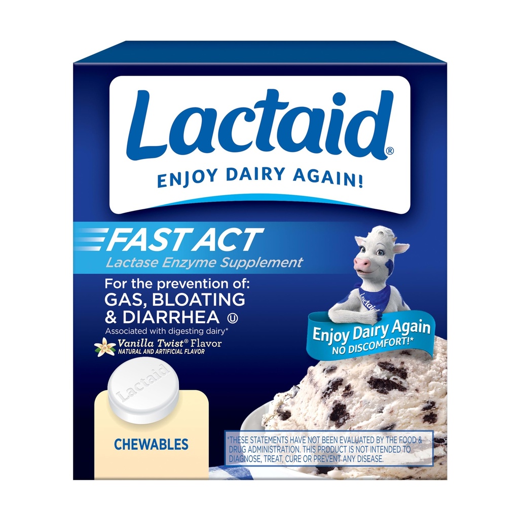 Lattaid Fast Act Lactose Intolerance Relief Chewables with Natural Lactase Enzyme to Prevent Gas, Bloating & Diarrhea A causa della sensibilità del lattosio, On-the-Go, Vanilla Twist Flavor, 60 x 1 ct