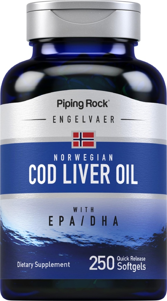 Piping Rock Cod Liver Oil Softgels | 250 Count | con EPA DHA | Engelvaer Norwegian | Non-GMO, Gluten Free Supplement