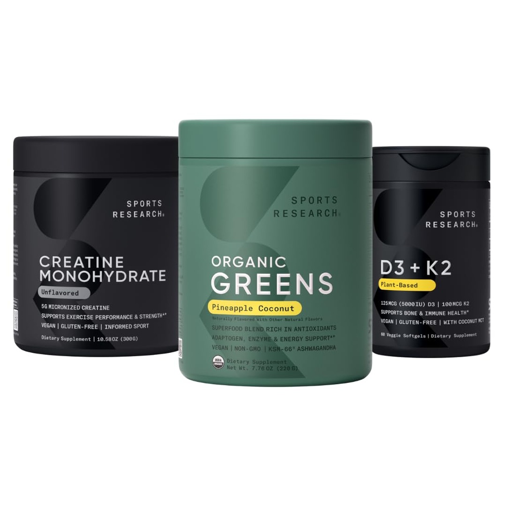 Sport Research® Organic Ananas Coconut Greens, Creatina Monoidrato & Vitamina D3 5000iu + Vitamina K2 100mg