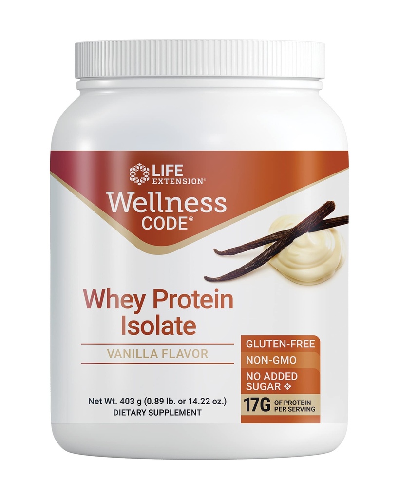 Life Extension Wellness Code® Whey Protein Isolate (Vanilla), Proteine e Aminoacidi a catena ramificata per la crescita muscolare e la salute immunitaria, senza aggiunta di zuccheri, senza glutine, senza OGM, 403 Grammi (20 Serve)