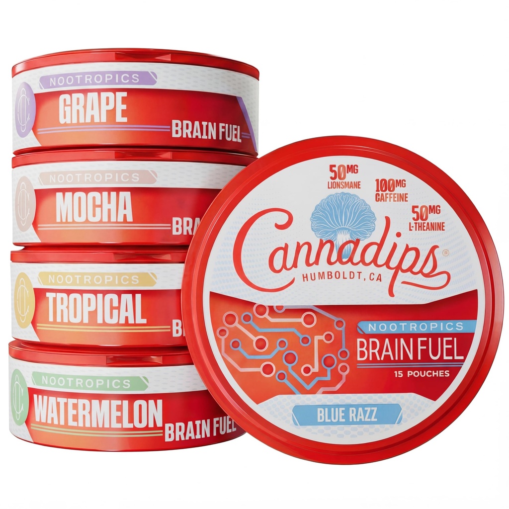 Cannadips - Brain Fuel Variety Pack - Nootropic Caffeine Pouches - 50mg Lion's Mane, 100mg Caffeine, 50mg L-teanina, No Sugar - Clean Energy Brain Fuel for Cognitive Performance, Made in USA (5-PACK)
