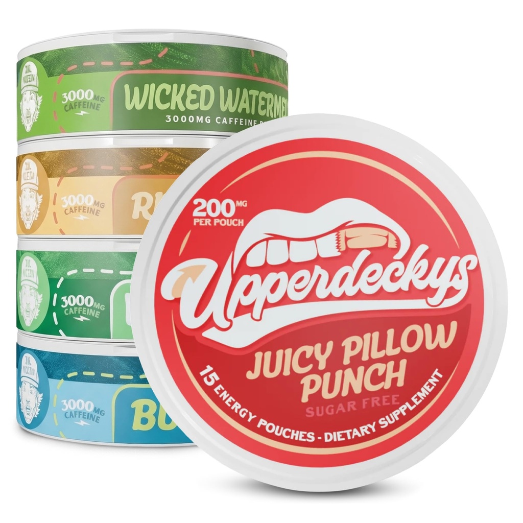 Upperdeckys Caffeine Energy Pouches - 200mg Caffeina Supplemento per l'energia e la messa a fuoco - Multi-Pack Nicotine Free Gym Supplementi per gli uomini e le donne - No Jitters, No Crash & Dip Alternative - 5 Pack