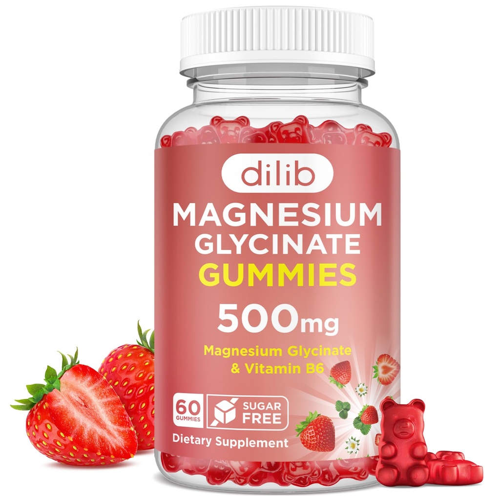 Magnesio Glycinate Gummies 500mg - Magnesio Supplemento con Vitamina B6 per Adulti e Magnesio per Bambini - Magnesio Calma per il Sonno, Mood, Supporto Muscolare - Fragola Flavor, 60 Gummies